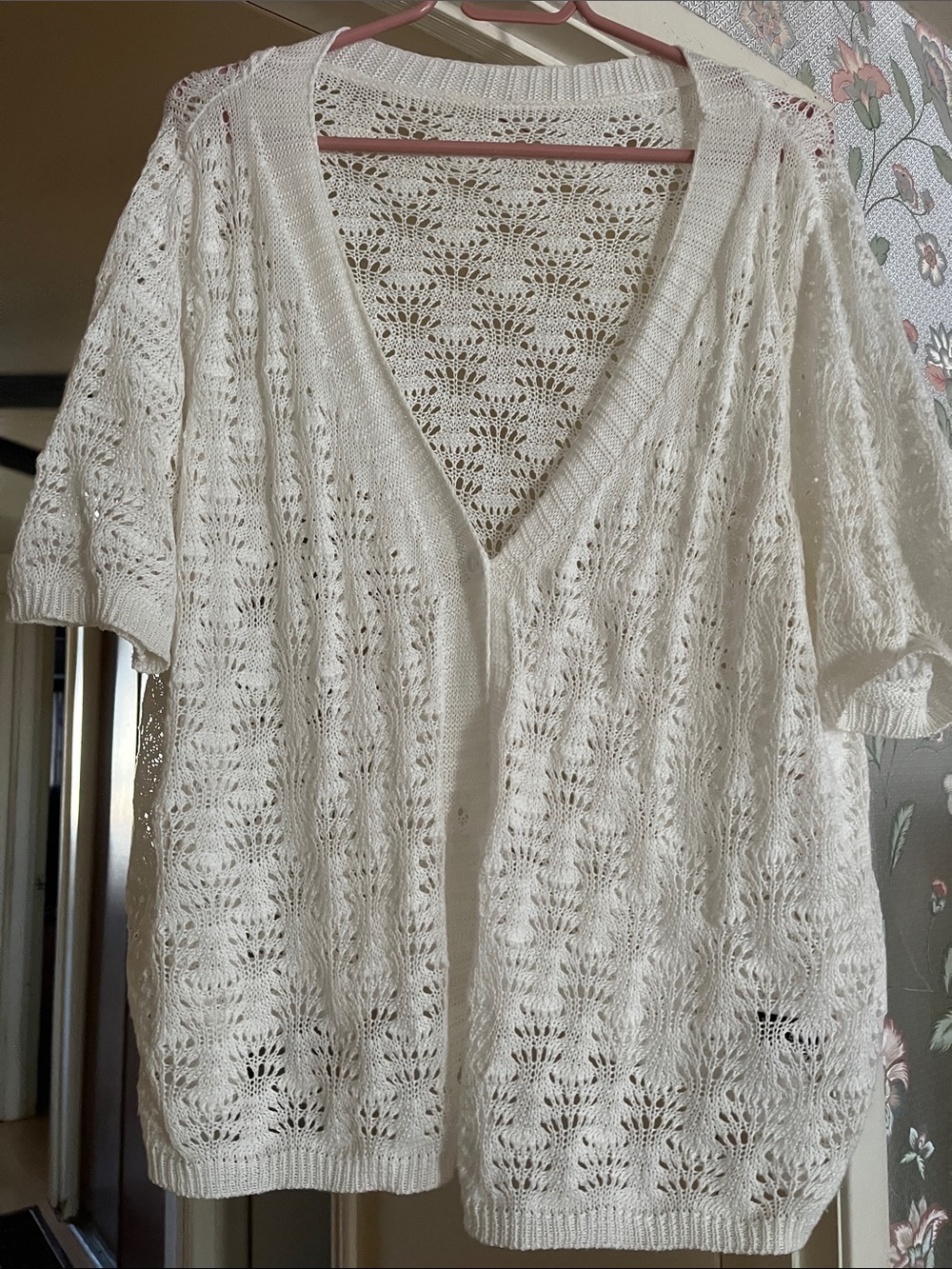 White Open-Knit V-Neck Cardigan